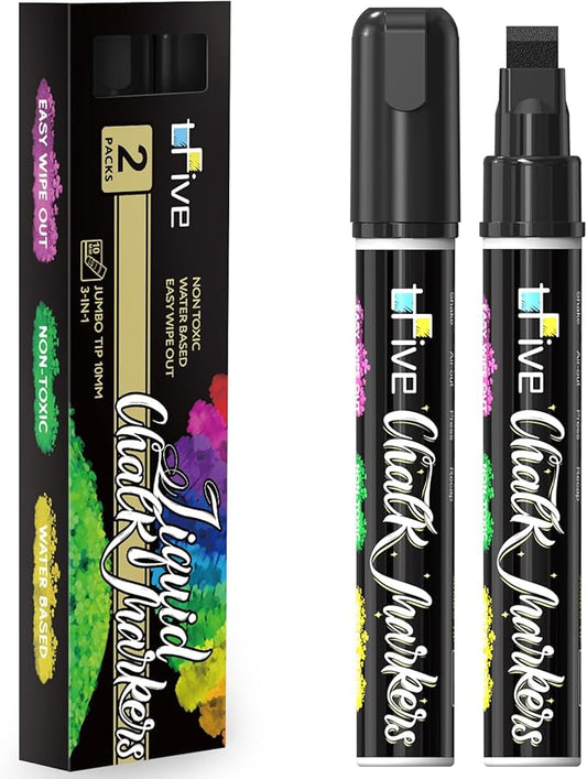 TFIVE Black Liquid Chalk Markers - 2 Pack Jumbo Chalk Pens with 10mm 3 in 1 Nib Wide Tips, Dry & Wet Erase Marker Pens for Glass, Chalkboard, BlackBoard, Windows, Calendar, Pumpkin, Mirror