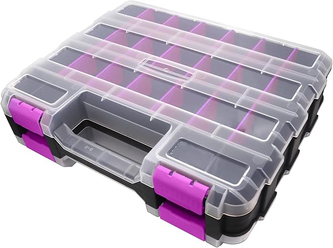 Tools Organizer Box Small Parts Storage Box 50-Compartment Double Side Hardware Organizers with Removable Plastic Dividers for Screws, Nuts, Nails, Bolts, Purple