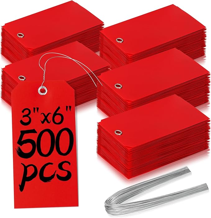 500 Plastic Shipping Tags with Wire - Waterproof Heavy Duty Labels with String Wires - Red, 3x6