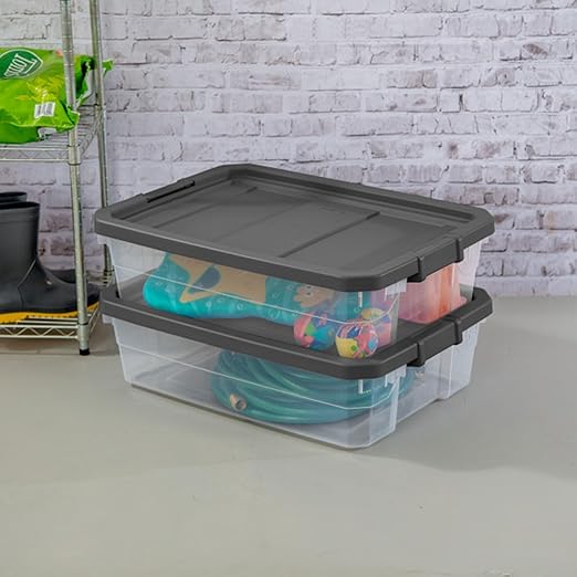 Sterilite 18-Pack Modular Stacker Box, Durable Clear Plastic Storage Bins with Latching Lids, 40 Quart - Stackable Organizing Container Boxes for Closet, Bathroom, and Office