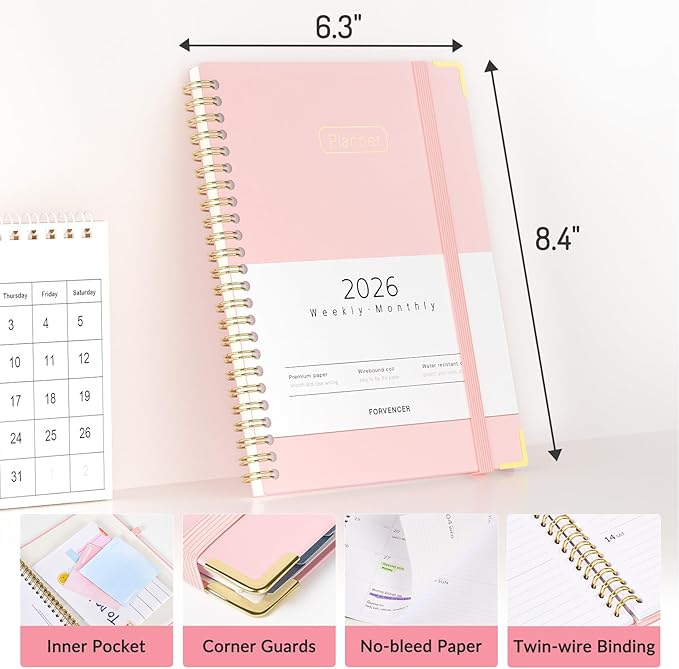 Forvencer 2026 Planner, Hardcover Calendar Planner Weekly and Monthly, Jan 2026 - Dec 2026, 6" x 8", Spiral Agenda Book with Tabs, Exquisite Daily Journal Organizer for Home School, Pink