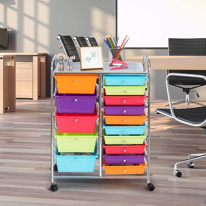 LDAILY 15 Drawer Rolling Storage Cart, Rolling Cart with Drawers for Classroom, Art Supply Craft Organizer on Wheel with Metal Frame & Handles for Home Office School