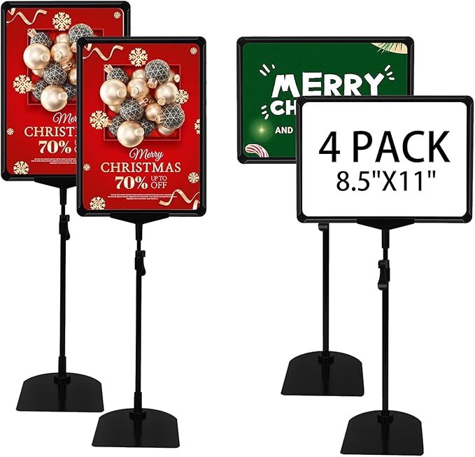 Sign Holder, Sign Stand with Adjustable Height Snap Open, Reusable Sign Holder 8.5x11 Inch, Vertical and Horizontal View Sign Holder Stand (Black, 4 Pack)