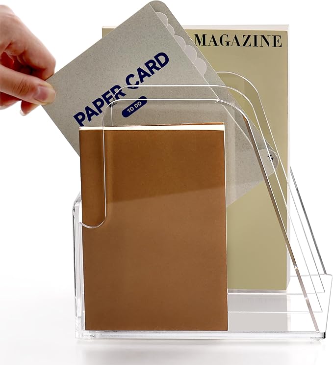 SANRUI Desk Organizer Clear Acrylic Desk Magazine File Holder with 3 Vertical Sections Magazine Rack File Organizer for Office, Home, School