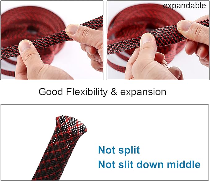 25ft - 1/4 inch PET Expandable Braided Sleeving – BlackRed – Alex Tech Braided Cable Sleeve