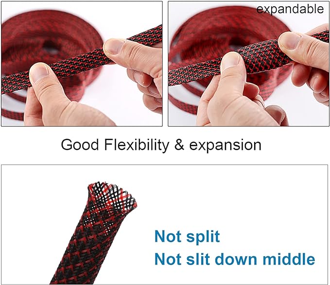25ft - 3/4 inch PET Expandable Braided Sleeving – BlackRed – Alex Tech Braided Cable Sleeve