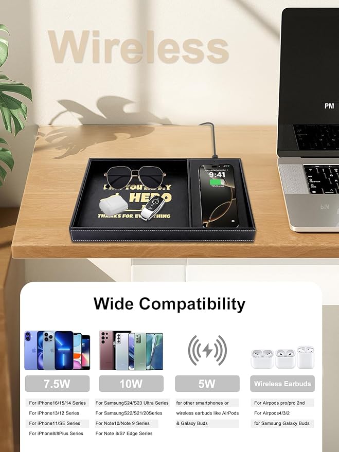 Gifts for Dad Valet Tray, Built-in Wireless Charger, Nightstand Organizer, Dresser Organizer, Mens Jewelry Box, Valet Charging Station, Gifts for Dad from Daughter Son Wife, Black