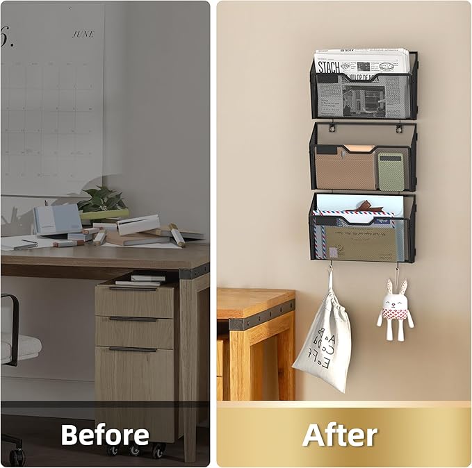 Docnest 6 Pack Hanging Wall File Holders, Mesh Wall Letter File Holder, Wall Mounted Mail Paper Document Folder Holder with Hooks for Office, Home, School, Black