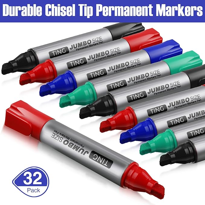 Fuutreo 32 Pcs Jumbo Permanent Markers Bulk Large Chisel Tip Permanent Markers Waterproof Jumbo Pens Quick Drying Office Supplies(Black, Green, Blue, Red)