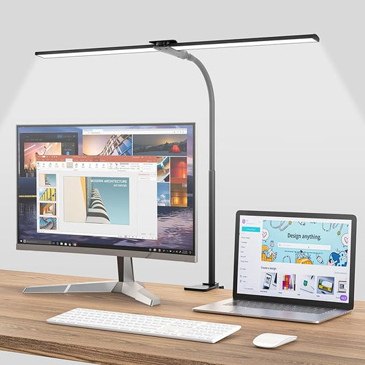Hensam Desk Lamp for Home Office, Double Head Desk Light with Clamp, Dimmable 5 Color Modes Task Lighting, Eye-Caring Architect Table Lamp for Workbench, Dual Monitor, Study, 1400lm