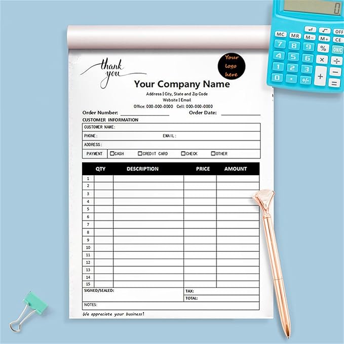 Custom Invoice Book in 3-Part /2-Part Receipt Book with Carbon Copies Personalized Carbonless Service Invoice Form Books Sales Order Book with Company Name Logo Address,C1-Thank You Receipt