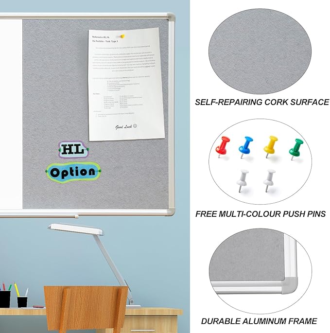 DEVELOP Large Grey Felt Bulletin & Magnetic Dry Erase Combo Board, 60 x 36 Inch Hanging Whiteboard/Grey Felt Bulletin Combination Board with Marker Tray, Pins, Eraser, Markers & Magnets