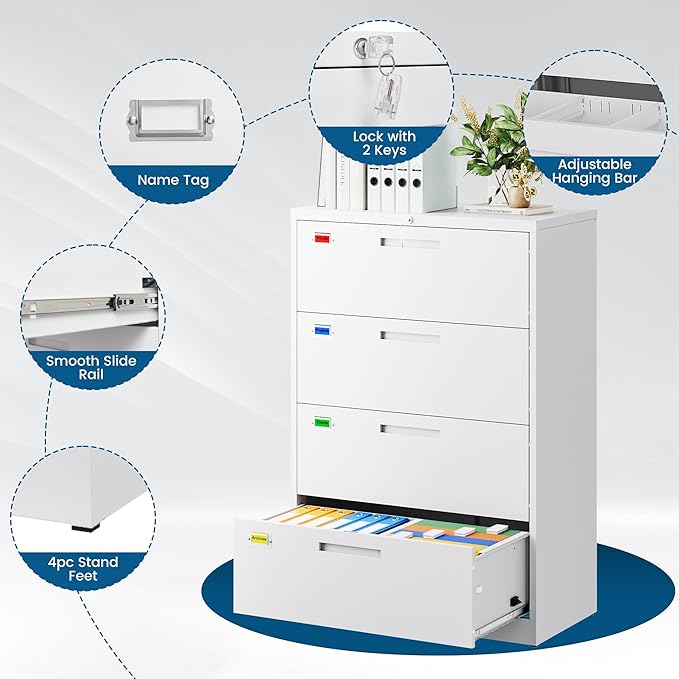 PEUKC 4 Drawer File Cabinet, Lateral Filing Cabinets for Home Office, Office Storage Drawers with Lock, Hanging Files Legal/Letter A4 Size (Assemble Required,White)