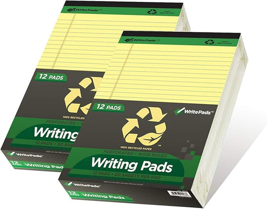 KAISA Legal Pad Writing Pads, 5"x8" Legal Ruled, 8.5"x11.75" Wide Ruled, 56GSM Paper Notepads, 12pads (Canary 24pad, 8.5x11.75inch)