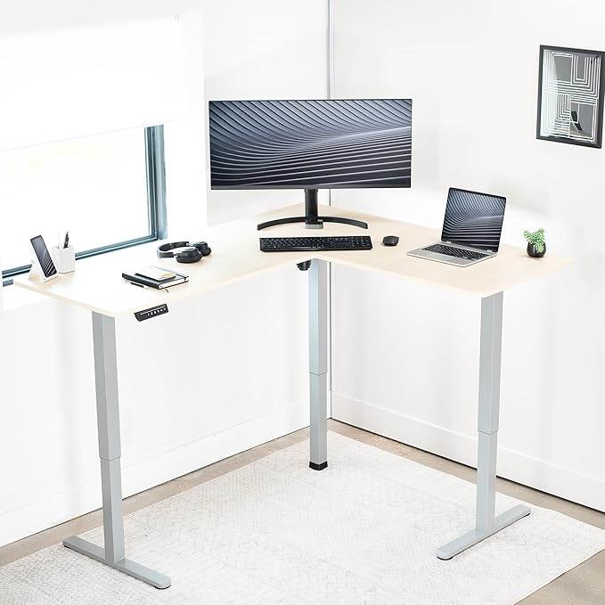 VIVO Electric Corner 63 x 55 inch L-Shaped Standing Desk, Memory Height Adjustment, Light Wood Top Gray Frame, DESK-E3CTGC