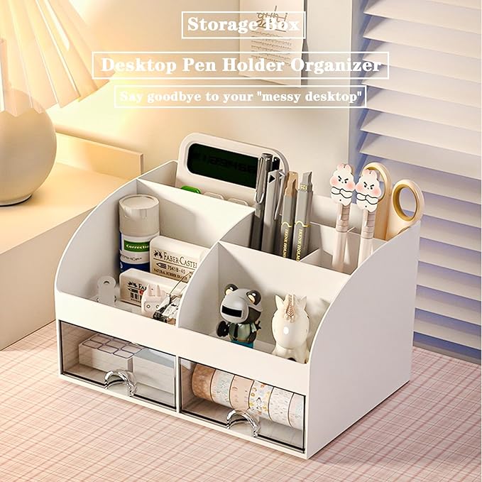 COMFYROOM Desk Organizer with 6 Compartments and 2 Drawers, Plastic Makeup Organizer, Pen Holder for Desktop Storage, Desk Organization for School, Home, Office Supplies (White)