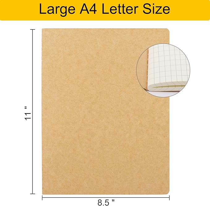 EUSOAR Graph Notebook, 6 Packs Large A4 8.5" x 11" 40 Sheets/ 80 Pages, 100gsm Thick Paper Kraft Journal Notebook, Student Sketchbook Composition Diary Subject Notebooks Planner Journal