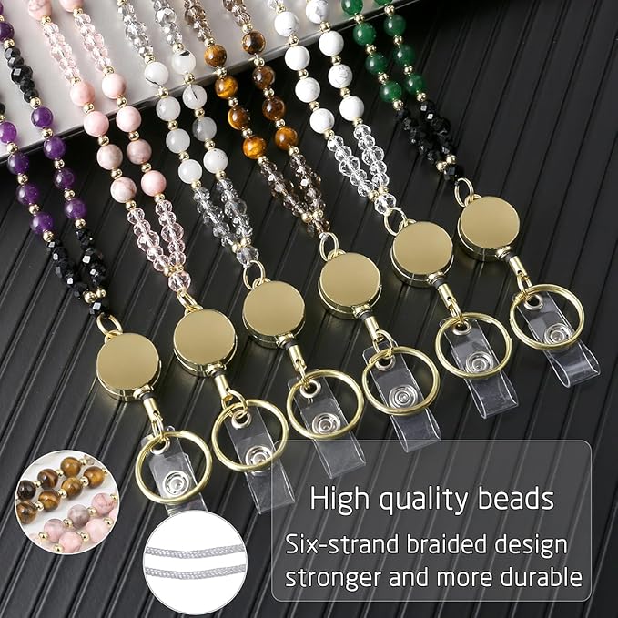 AIDSOTOU Lanyards for ID Badges and Keys,Natural Stone Beaded Teacher Lanyard for Women,Retractable Lanyard with ID Holder Cute Lanyards for Teachers (Black)