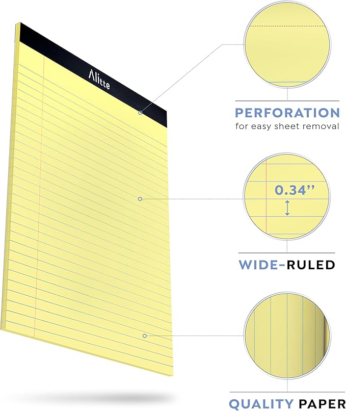 Alitte Yellow Legal Notepads 8.5 x 11, Pack of 12 - Perforated Wide Ruled Writing Pad - Premium Thick Paper, No Ink Bleeding - Blank Legal Pads For Home, Office, School, Business - 50 Sheets Per