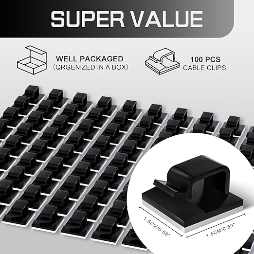 KGROTE 100PCS Cable Clips, Adhesive Wire Clips Strong Cord Clips Wire Holders, Cable Management Clips for Desk, Wall, Car, TV, Ethernet Cable (Black, Small)