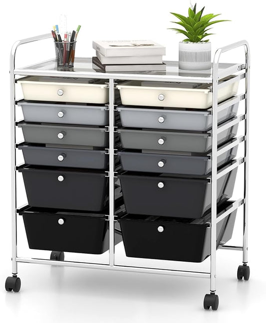 Happygrill 12-Drawer Rolling Storage Cart, Multipurpose Organizer Cart for Home Office School, Utility Cart with Wheels (Black Gradient)
