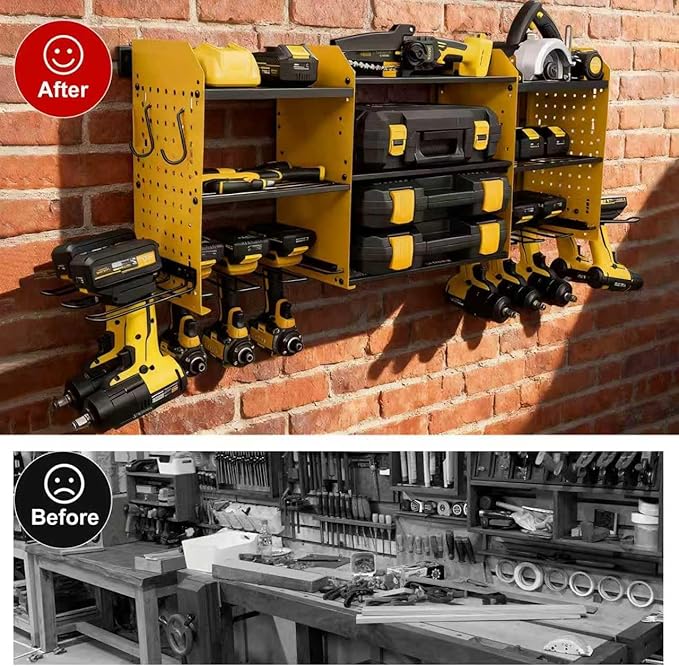 Large Power Tool Organizer Wall Mount with Charging Station, Heavy Duty Cordless Drill Holder, Garage Tool Storage Battery Rack with 8 Outlet, Gift for Men Husband Dad Birthday Anniversary Yellow