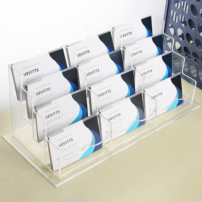 Vevitts Business Acrylic Card Holder Display for Desk, 12 Slots 4 Tiers Multiple-Clear Acrylic Business Card Stand Set, Holds Approximately 600 Cards
