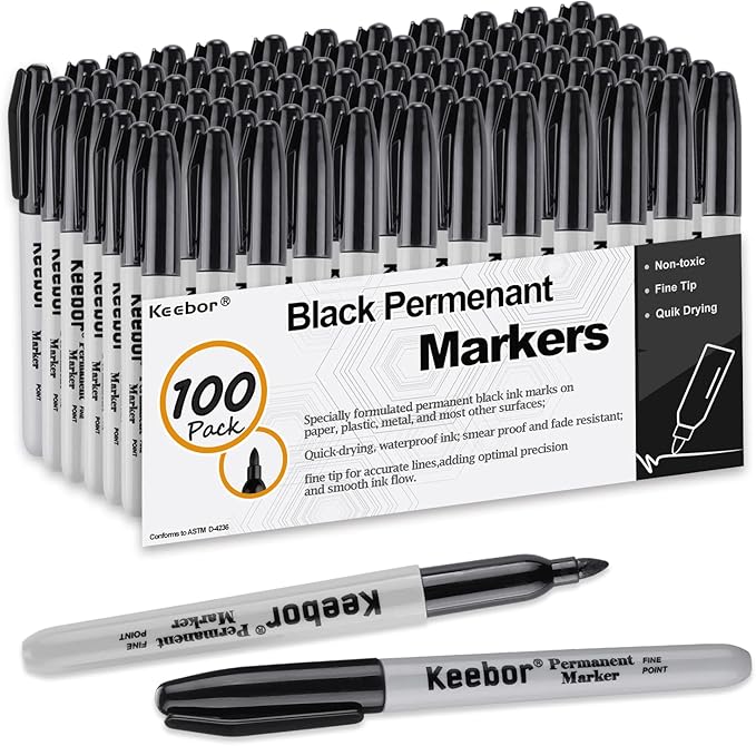 Keebor Black Permanent Markers Bulk of 100 Pack, Fine Point Permanent Marker Set, Waterproof, Quick Drying, School & Office Supplies