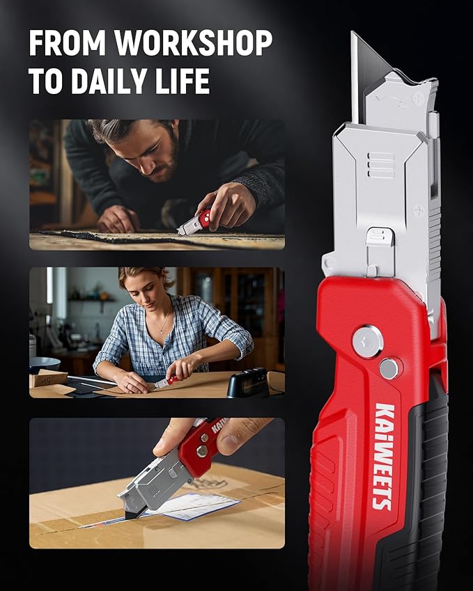 KAIWEETS Utility Knife Scraper, 2-in-1 Folding Box Cutter with Blade Storage, Heavy Duty Zinc Alloy Body, Retractable Design, 12pcs SK2 Black Blades replacement, EDC Tool for Home, Office, DIY– Red