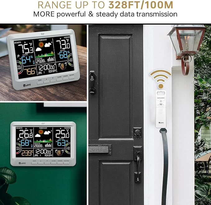 Weather Station Indoor Outdoor Thermometer Wireless, Home Atomic Clock with Large Constant Display, Inside Outside Temperature Humidity Monitor, Dew Heat Point, Barometer Grey