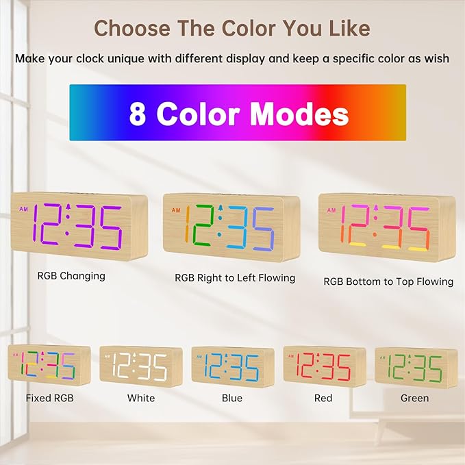 DreamSky Wooden Digital Alarm Clock for Bedroom - RGB Desk Clocks for Living Room with Large Numbers, Dimmer, Loud Alarm for Heavy Sleepers with Volume Control, Office Wood Decor (Plug in Clock)