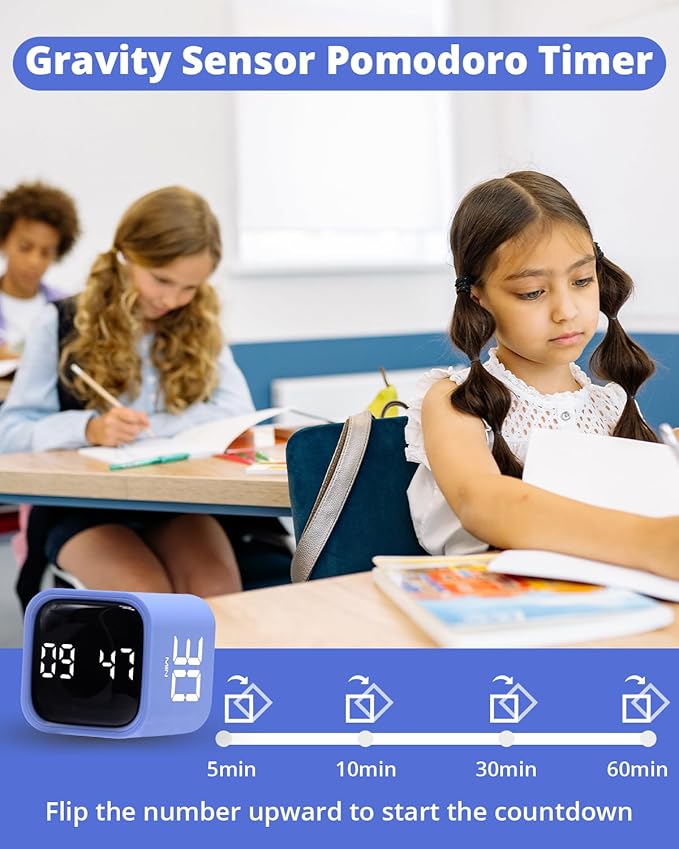 Productivity Timer Flip Gravity Sensor Cube Timer Countdown & Countup,Mute & Vibrate & Sound，5/10/30/60min & Custom Timing, Perfect for ADHD,Work,Learning,Kitchen Cooking (1Blue)