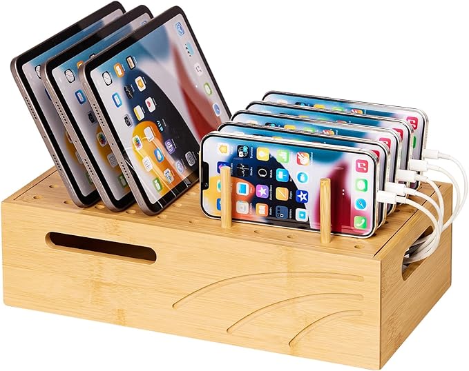 Cozivolife Bamboo Charging Station for Multiple Devices, Charger Organizer Desk Docking Stations Rack for Phones, Tablets, Laptop, Perfect to Work from Home (Natural, M)