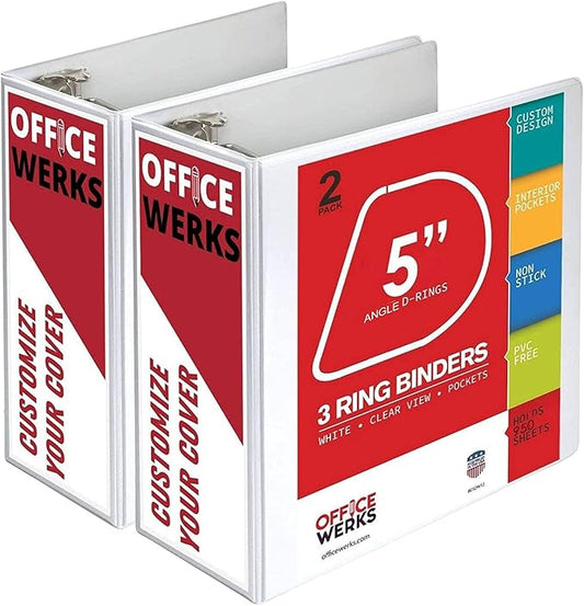 2 Pack of 5 Inch 3 Ring Binder with Locking Angle D Rings, Professional Heavy Duty Large Storage Binder with Pockets, Fits 8.5 x 11 Inch Sheets, Non-Stick Clear View Cover, Customizable, White