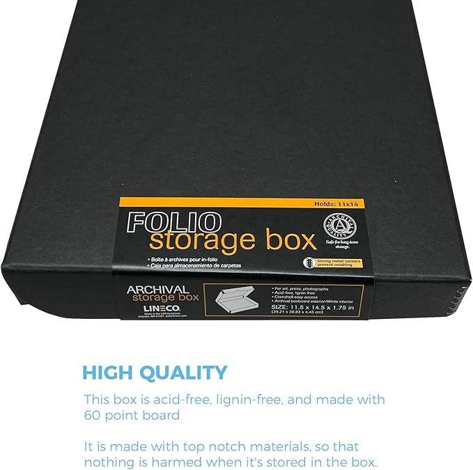 Lineco Folio Storage Box. Archival Clamshell with Metal Edge Boxboard, 11 x 14 x 1.75 Inches, Longevity Organize and Store Photos Documents Craft Cards Magazine Prints Wedding Dresses DIY, Black