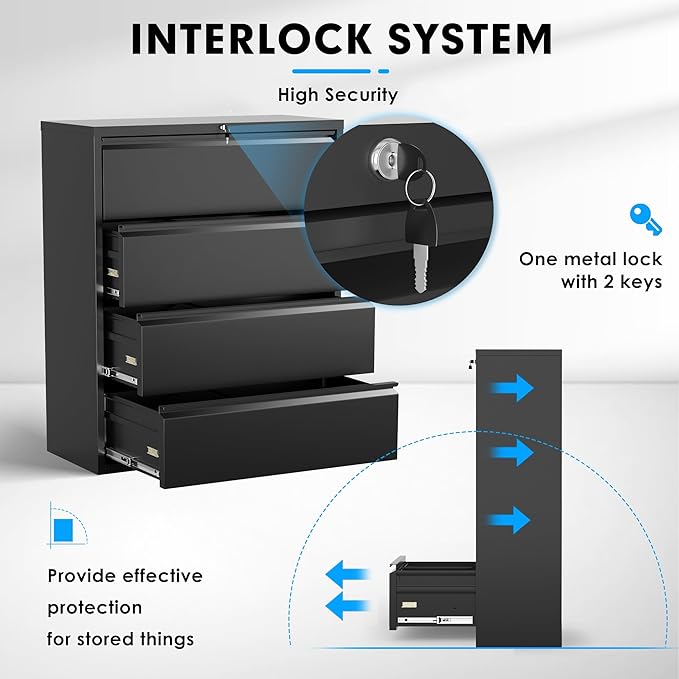 Pataku 4 Drawer File Cabinet with Lock, Metal Lateral File Cabinets for Home Office 4 Drawer, Locking Filling Cabinets for Hanging Files Letter/Legal/F4/A4 Size (4Drawer/Black)