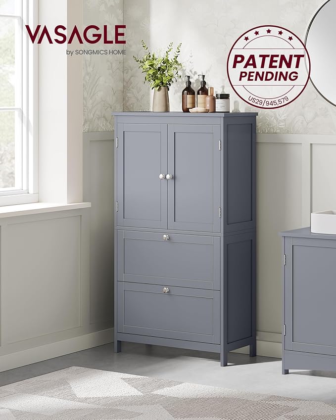 VASAGLE Floor Storage Cabinet, Freestanding Storage Unit with 2 Drawers and 2 Doors, Adjustable Shelf, 11.8 x 23.6 x 43.3 Inches, for Entryway, Bathroom, Dove Gray UBBC551G02