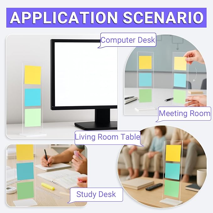 Removable Sticky Note Holder, Acrylic Desktop Memo Message Board, Transparent Portable Monitor Memo Stand for Any Computer and Laptop (2*Board+2*Base)