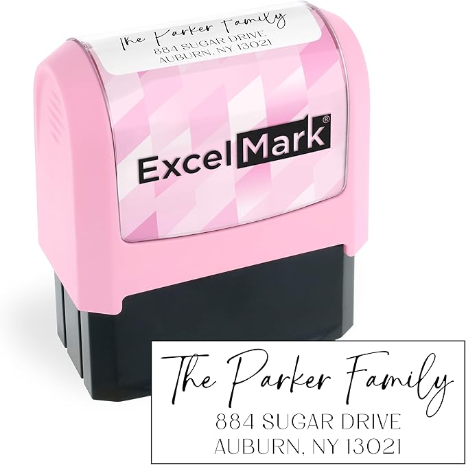 ExcelMark Address Stamp - Custom Return Address Stamp with Elegant Designs, Vibrant Colors & Patterns – Perfect for Mail, Invitations & Gifts (Pink Mount, Santa Catalina)