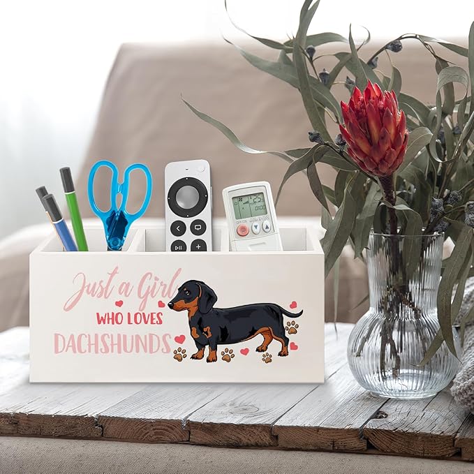 URLLUAE Dachshund Lover Gifts for Women Girls Wooden Pen Pencil Holder for Office Desk Accessories, Just a Girl Who Loves Dachshund Makeup Brush Toothbrush Holder Organizer for Bathroom