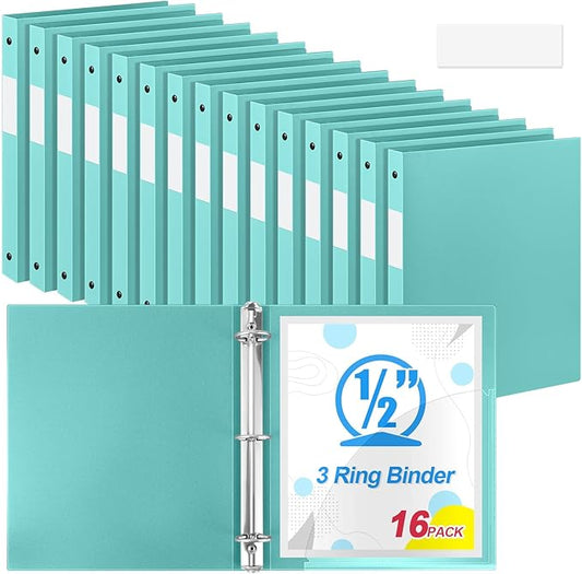 Henoyso 16 Pcs 3 Ring Binder 0.5 Inch Round Fits Letter Size 8.5'' x 11'' Paper Plastic Flexible Binder Bulk Holds 140 Sheets with 1 Pockets Versatile Organizer for Home Office School (Mint Green)