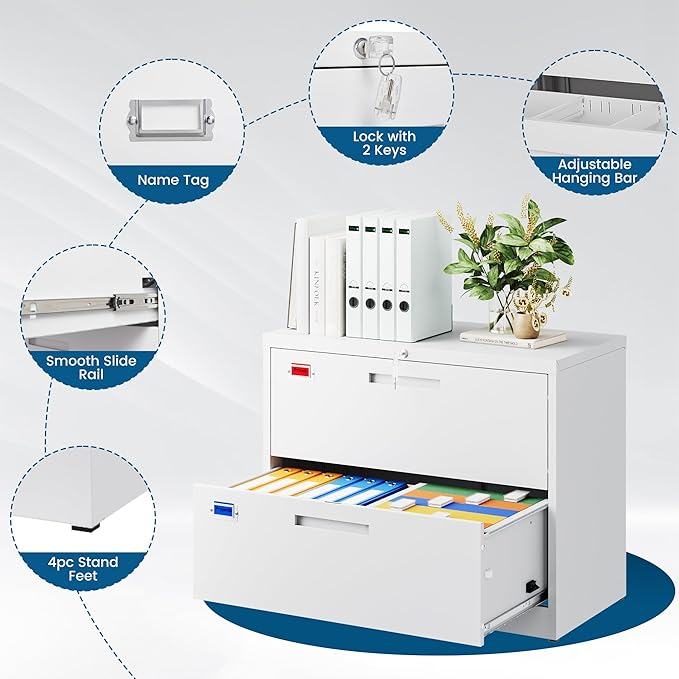 PEUKC 2 Drawer File Cabinet, Lateral Filing Cabinets for Home Office, Office Storage Drawers with Lock, Hanging Files Legal/Letter A4 Size (Assemble Required,White)