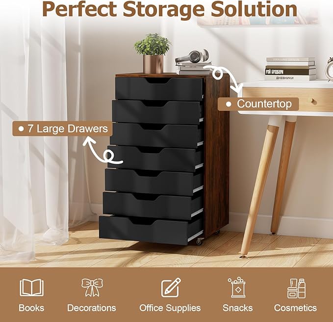 Giantex 7-Drawer Storage Cabinet, Mobile File Organizer with 4 Universal Casters, Wooden Vertical Filing Cabinet on Lockable Wheels for Office, Study, Living Room (19.5” x 16” x 34.5”,Brown+Black)
