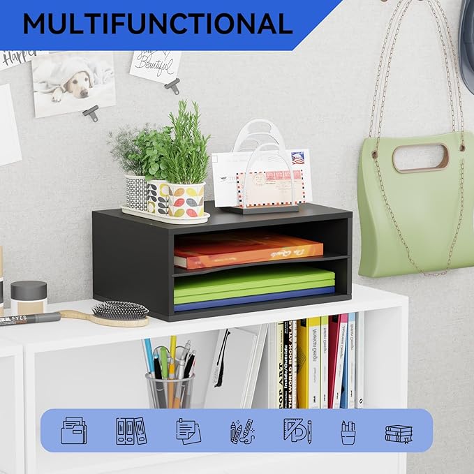 GDINDINFAN Wood Desktop Letter Tray File Organizer, Paper Storage Mail Sorter with Adjustable Drawer Boards for Home and Office, Black