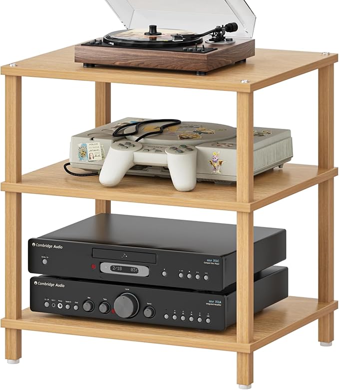 3-Tier AV Media Player Stand, Natural Stereo Cabinet, Modern Audio Shelf, Wooden TV Stand,Game Console Shelf, Multifunctional Entertainment Center, Suitable for Home, Conference Room, Game Studio