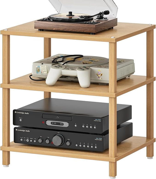 3-Tier AV Media Player Stand, Natural Stereo Cabinet, Modern Audio Shelf, Wooden TV Stand,Game Console Shelf, Multifunctional Entertainment Center, Suitable for Home, Conference Room, Game Studio