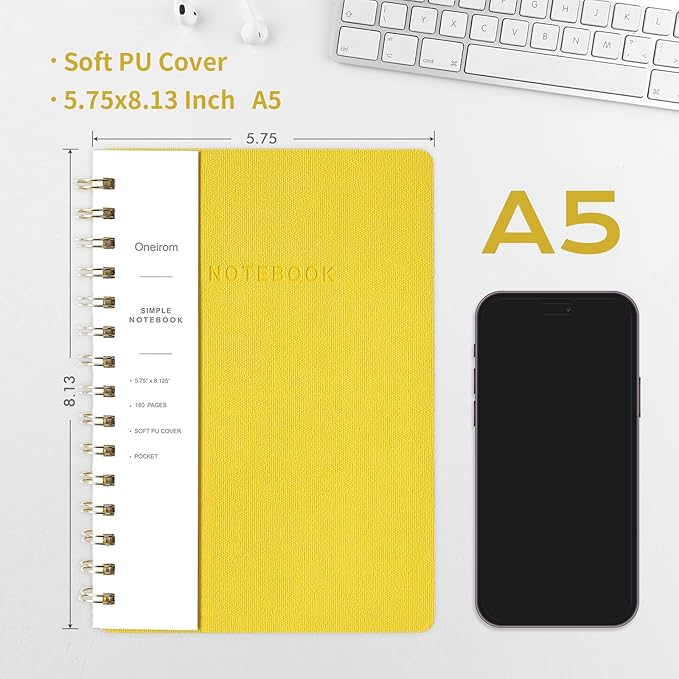 Spiral Notebook-5.75" x 8.125" College Ruled Journal with Inner Pockets and 160 Pages,PU Leather Cover Business Journal, Twin-Wire Binding Notebook Perfect for Office & Home School Supplies 3 pack Yellow ReefBlue NavyBlue