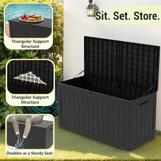 PATIOEASY Outdoor Storage Box 100GAL Waterproof Resin Deck Box,UV-Resistant Lockable Package Delivery Bin for Garden Tools,Large Patio Outside Cushions,Pool Accessories Supplies,Chest,Furniture,Brack