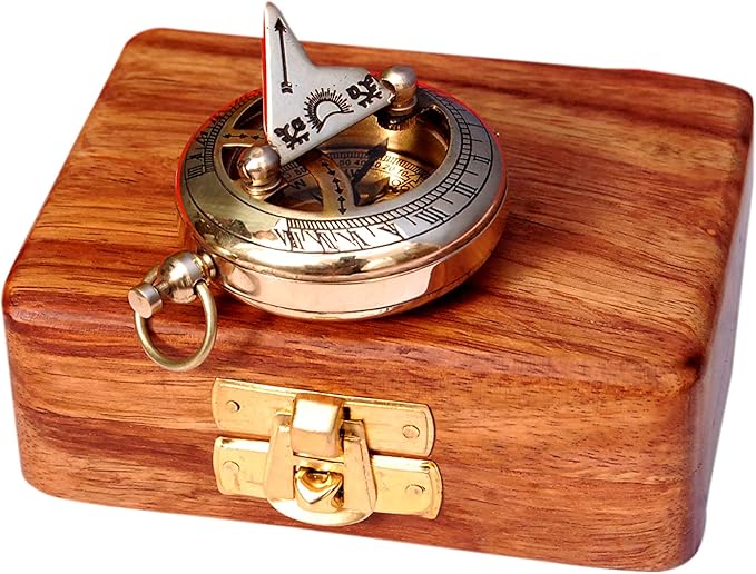 Bazross Brass Nautical Compass with Wooden Case - Antique Brass & Copper Sun Clock for Camping, Hiking, Touring - Engraved Gift for Him - Nautical Clock - Compass Gift