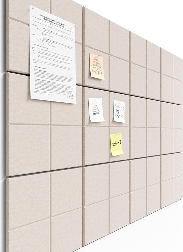 Bumusty Large Cork Board Alternative-47 x35 Felt Bulletin Board Tiles, with 30 Pushpins, 70 Adhesive Tabs, 12-Pack Slat Wall Paneling, Cork Boards for Office Push Pin Board Felt Board-Oatmeal